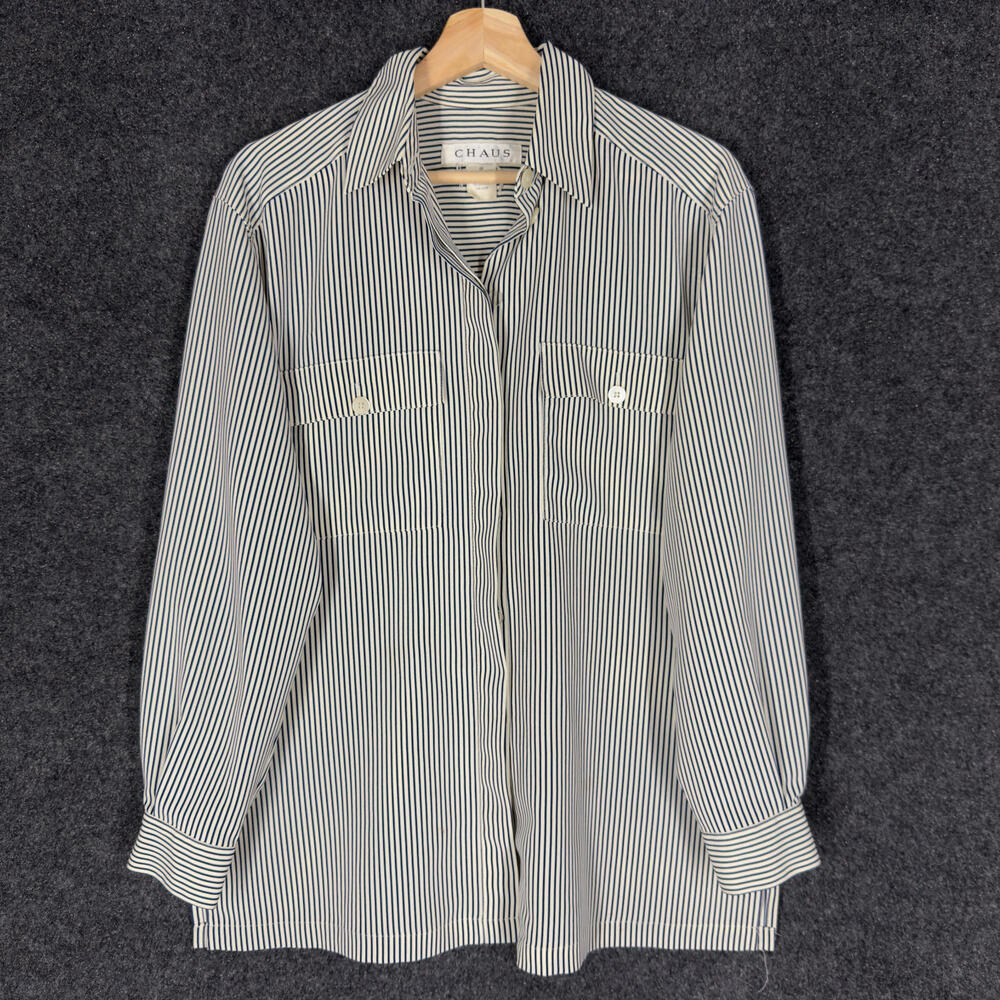Chaus Shirt Women 8 Black Striped Button Up Collared Long Sleeve Pockets Casual